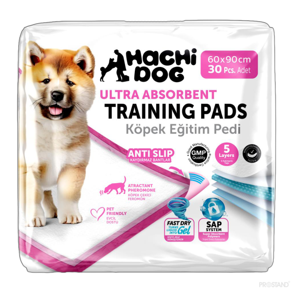HACHI DOG Covorașe  absorbante p/u toaletă, 5 str., 60×90 cm, 30 buc., cu strat adeziv, albe,