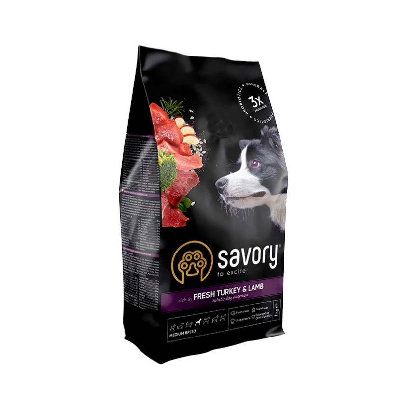 Savory Adult Medium Breed Fresh Turkey & Lamb 3KG, hrană uscată cu curcan și miel pentru câini de talie medie