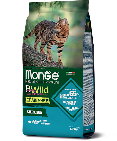MONGE dry cat BWILD Sterilised Tuna/Peas 1,5 kg,hrană uscată pentru pisici sterilizate