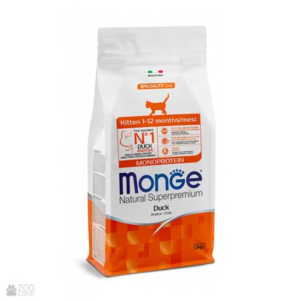 MONGE dry cat kitten Duck 1,5 kg, hrană uscată pentru pisoi