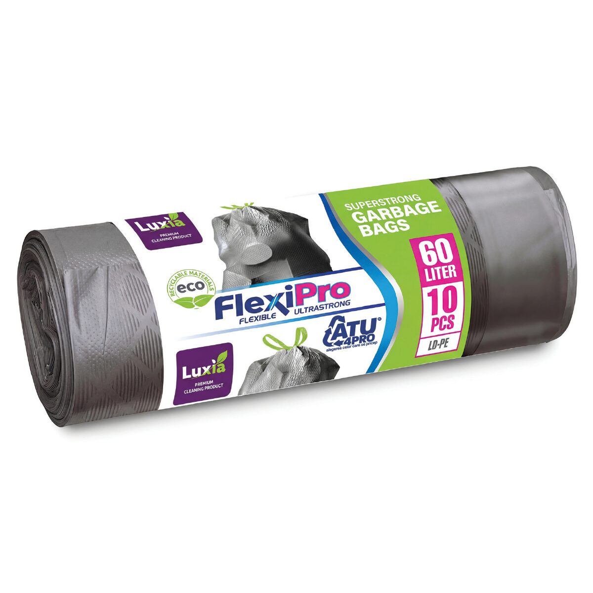 LUXIA Pungi p/u gunoi FlexiPro  silver  cu cu două straturi si snur 60 L 10 buc. LUX-4123  /20