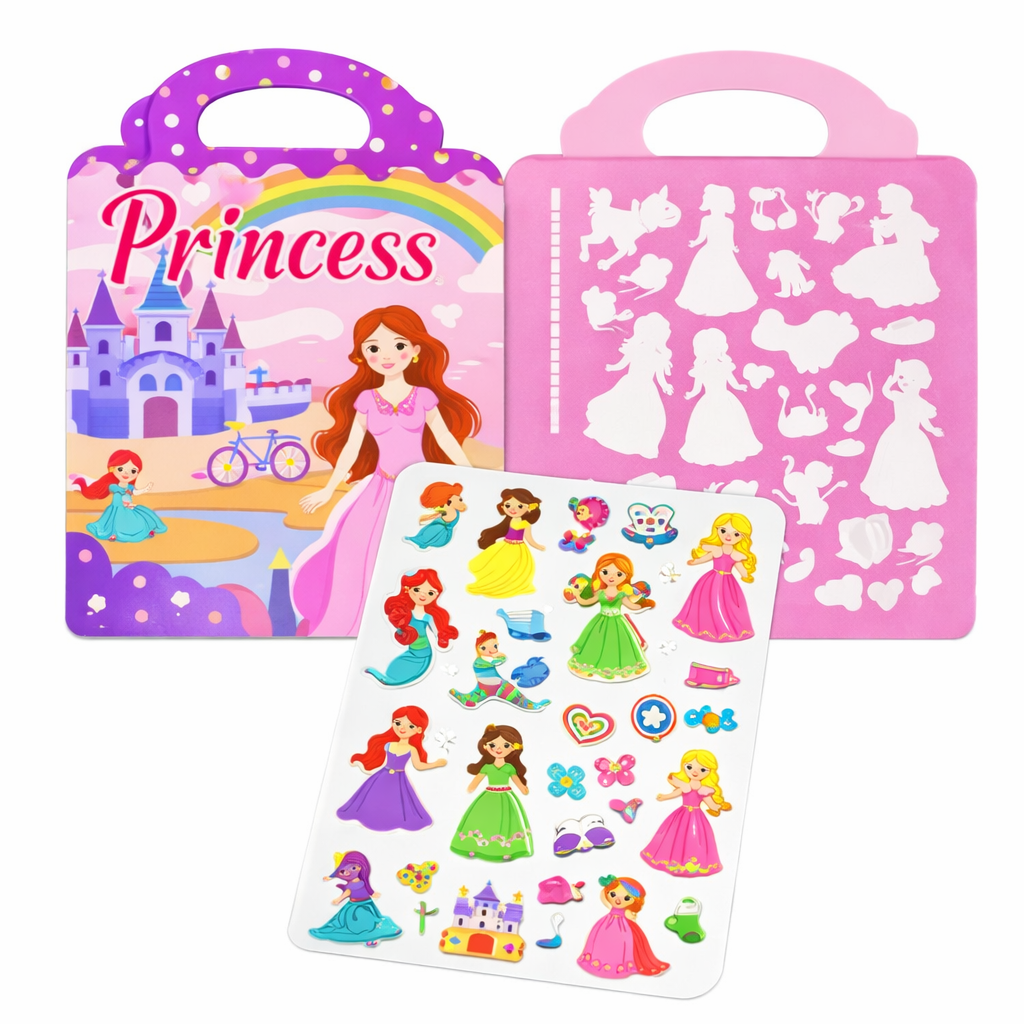 Joc educativ stickere reutilizabile Princess, carte activitati fetite, sticker book printese, abtibilduri silicon reutilizabile, jucarie Montessori creativa, joc imaginatie si rol, cadou fete 3+ ani
