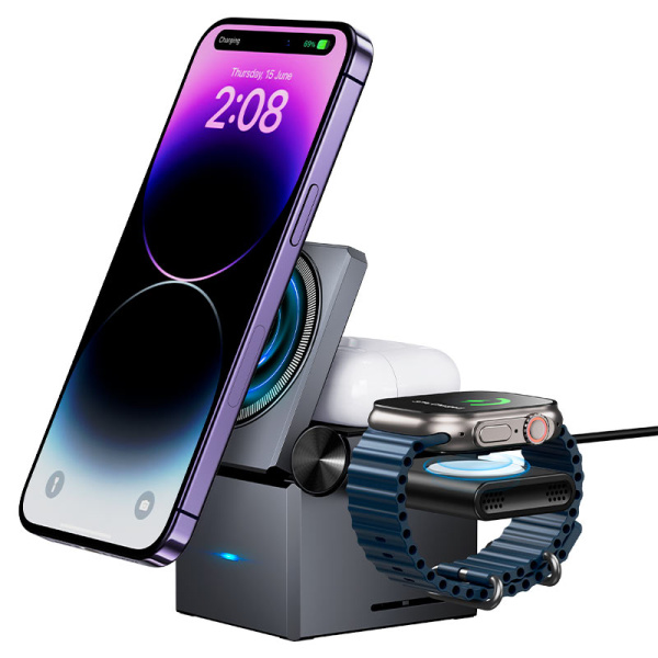 HOCO CQ8 folding 3-in-1 magnetic wireless fast charger Metal gray