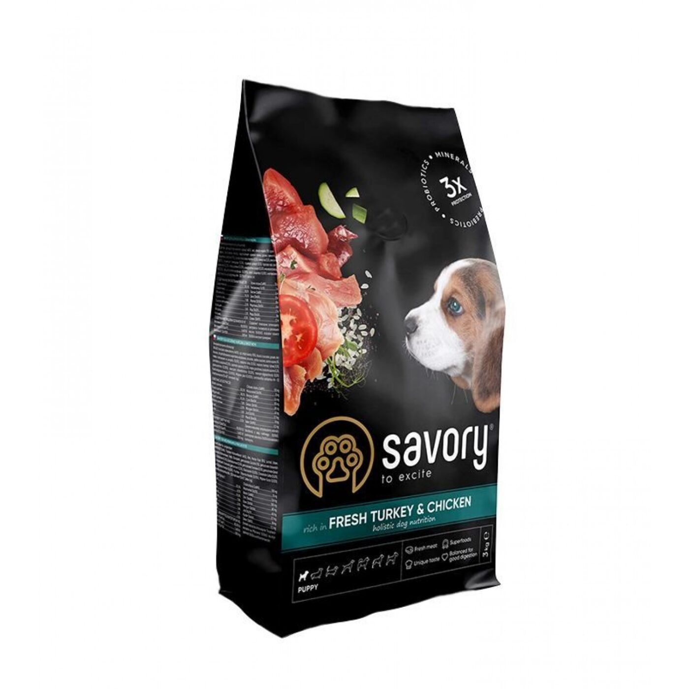Savory Puppy rich in Fresh Turkey and Chicken 12KG,  hrană uscată cu curcan și pui pentru căței