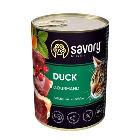 SAVORY adult gourmand duck 400G, hrană umedă cu rață pentru pisici adulte