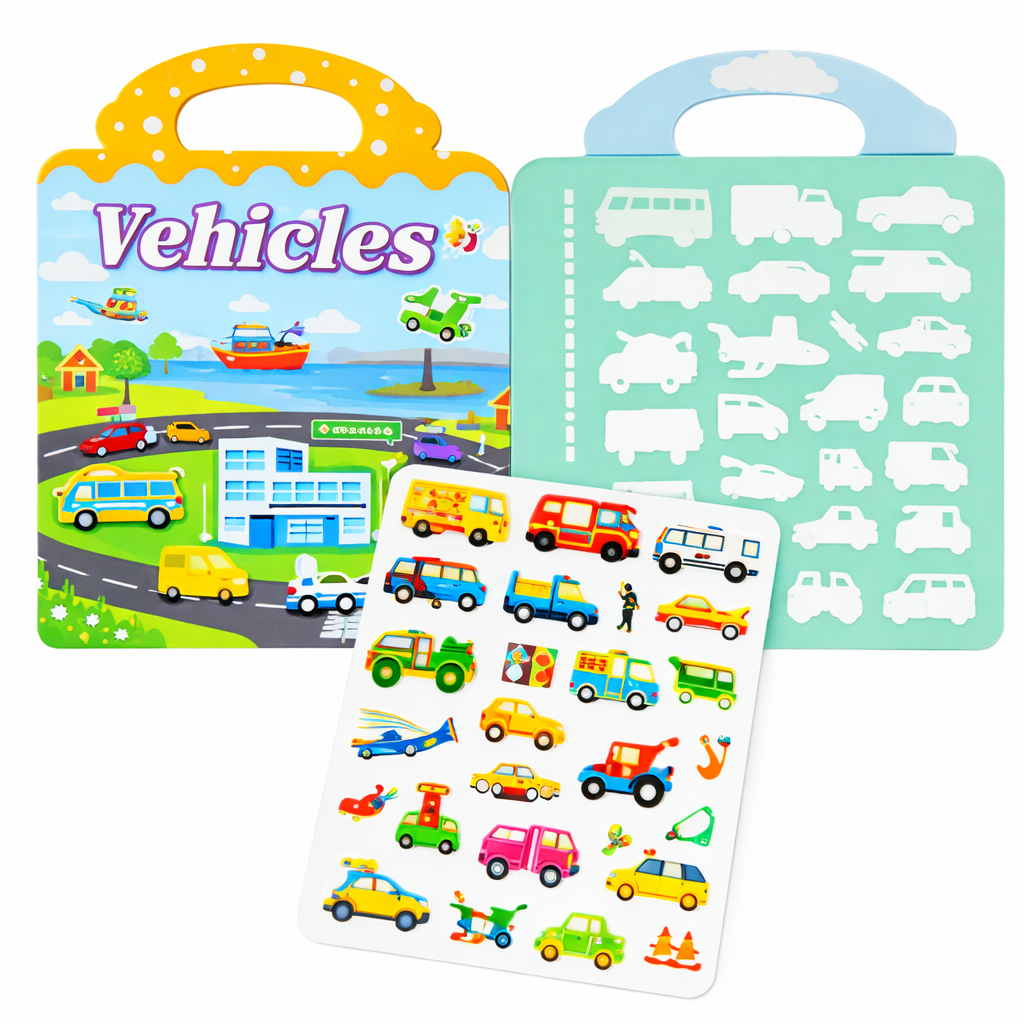 Joc educativ stickere reutilizabile Vehicles, carte activitati copii masini si vehicule, sticker book interactiv, abtibilduri silicon reutilizabile, jucarie Montessori invatare vehicule, joc creativ copii, cadou educativ 3+ ani