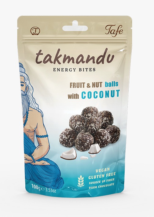 Takmandu, Bile cu ciocolată neagră, fructe,  nuci și fulgi de cocos, produs vegan,  fără zahăr