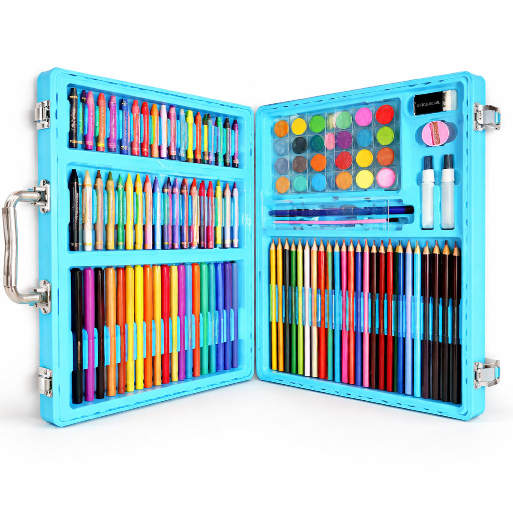 Set desen 128 piese, trusa pictura si colorat copii, markere creioane colorate acuarele, kit artistic complet, valiza portabila, set creativ profesional, cadou copii fete baieti
