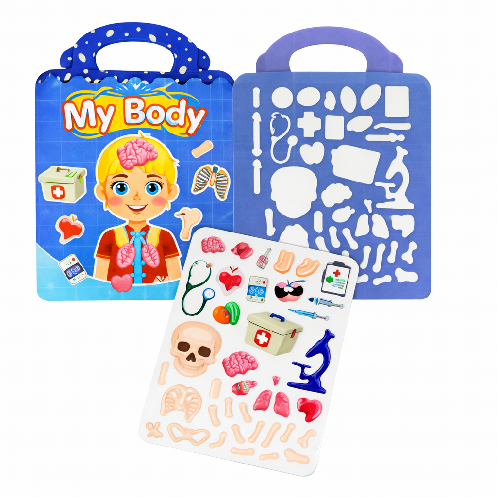 Joc educativ, stickere reutilizabile ”My Body” corpul uman, jucarie Montessori invatare corp, abtibilduri silicon reutilizabile, dezvoltare vocabular copii, cadou educativ 3+ ani