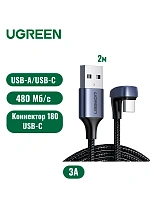 Cablu UGREEN USB 2.0 A la USB-C, Unghi 180° (U-Shape), Fast Charging 3A, Nylon Împletit, 2m, Negru