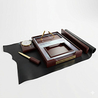 Set Birou 6 Piese din Lemn Maro, Tavita Documente, Suport Pix Dublu, Desk Pad Elegant